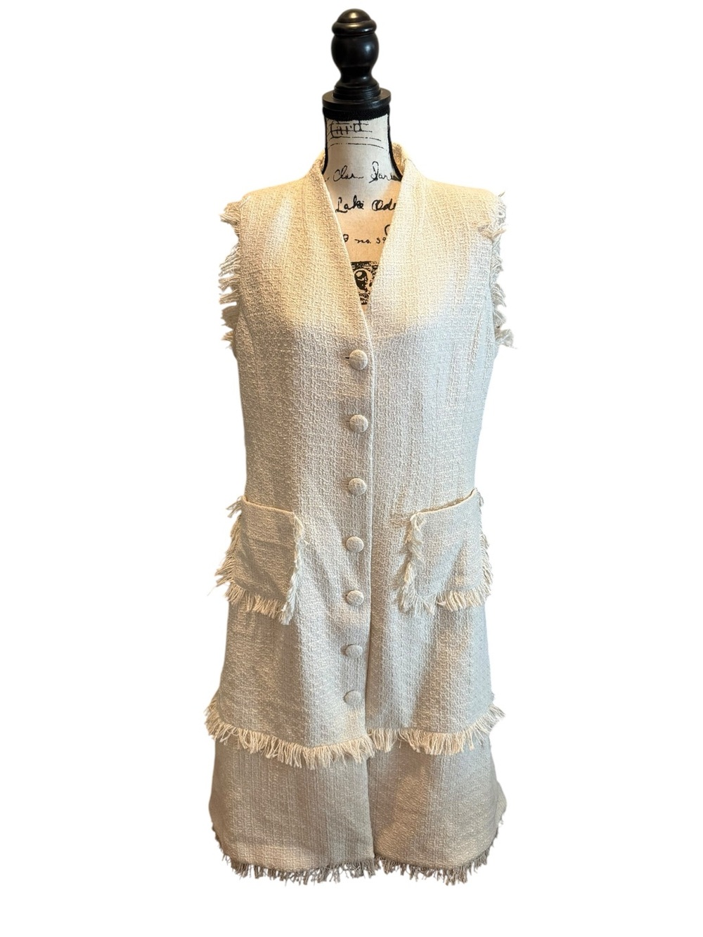 C Wonder Runway Tweed Fringe Trim Vest Sheath Dress Coconut White Size XL NWT